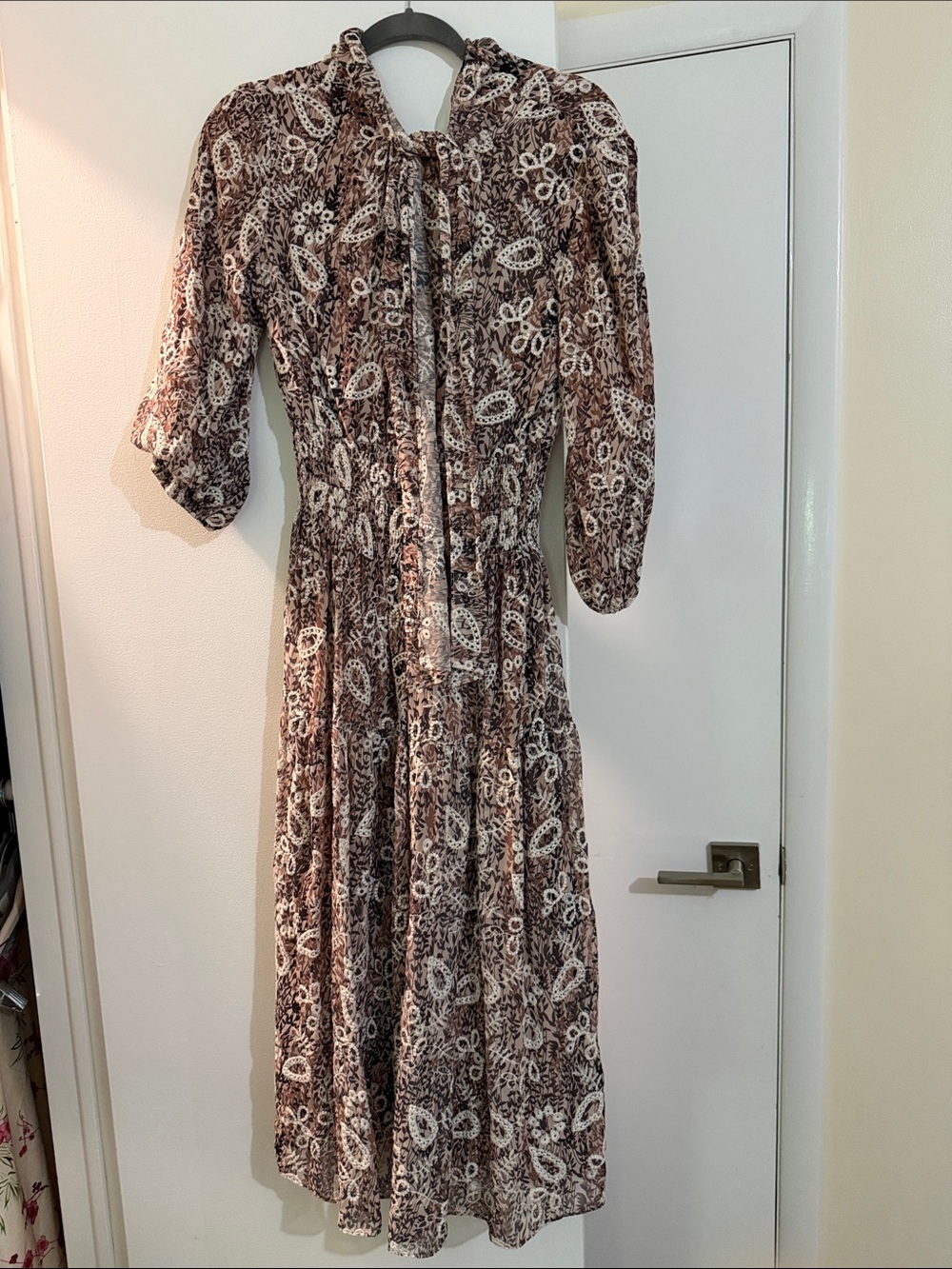 Women's Brown Patterned Tie-Neck Midi Dress